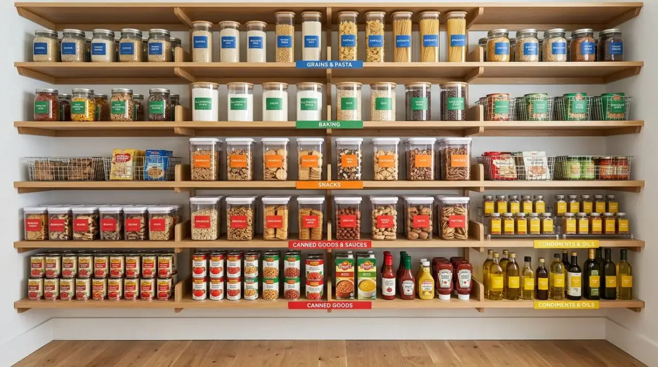 Pantry declutter routine. Tidy pantry maintained through regular editing of expired and duplicate items.