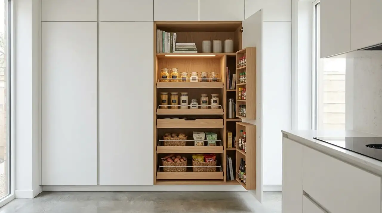 Pantry door storage. Accessible pantry using inside door storage for slim kitchen essentials.