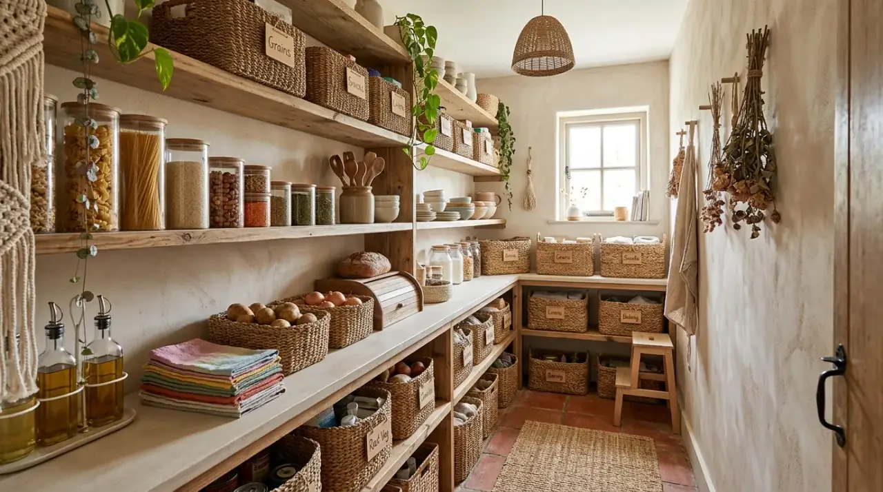 Meal planning pantry organization. Tidy pantry organized to support meal planning and inventory awareness.