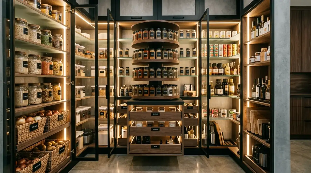 Pantry organization overview. Genius pantry organization creating a tidy accessible kitchen storage system.