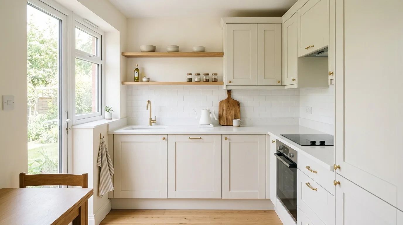 Tiny kitchen decluttered for a brighter, more spacious and organized feel.