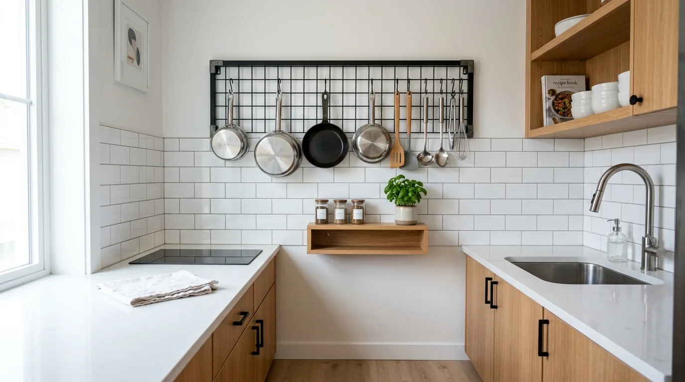Tiny kitchen organized by daily-use tools. Compact cookspace decluttered through smarter item prioritizing.