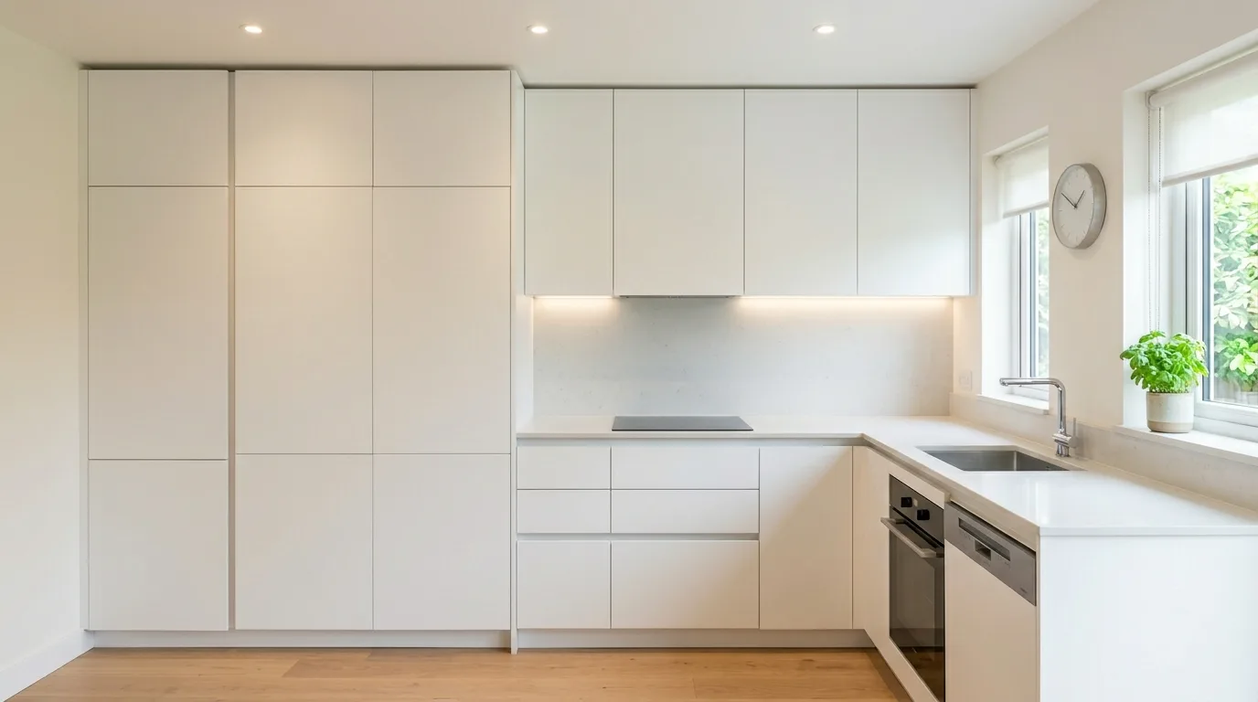 Vertical storage in tiny kitchen. Space-saving decluttering strategy for a more open compact kitchen.