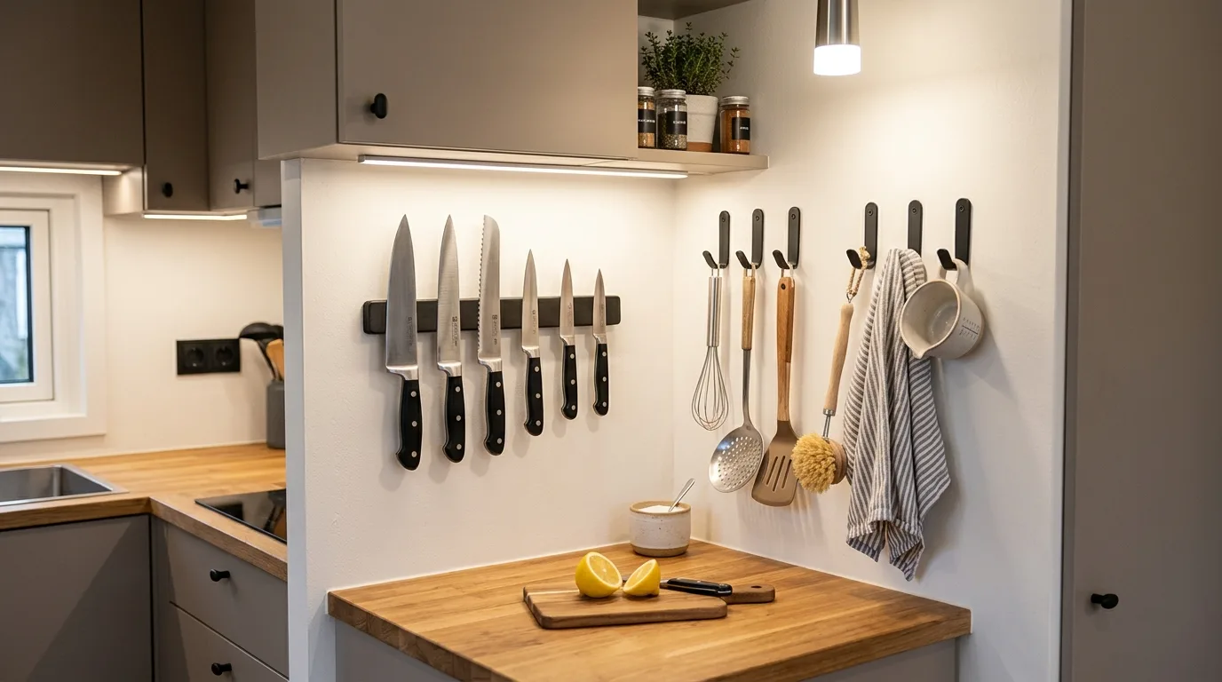 Hidden clutter zone in tiny kitchen. Compact kitchen decluttered through concealed storage solutions.