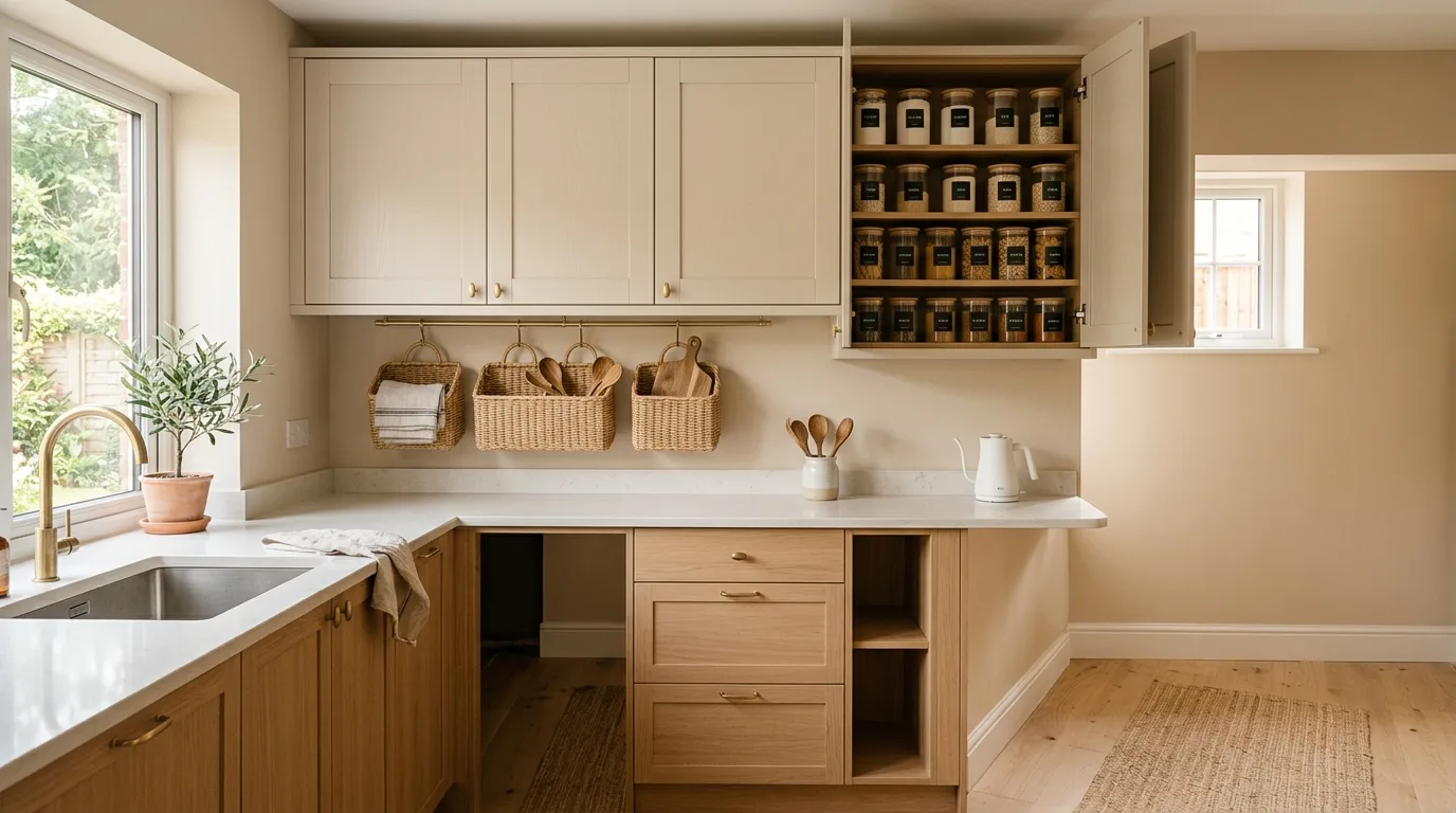 Tiny kitchen organized by task zones. Small cookspace decluttered around smoother daily movement.
