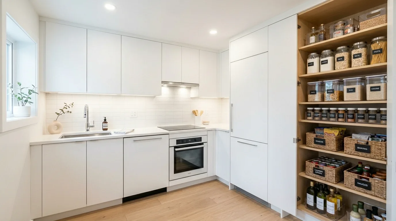 Matching containers in tiny kitchen storage. Visual decluttering for a cleaner more spacious compact kitchen.