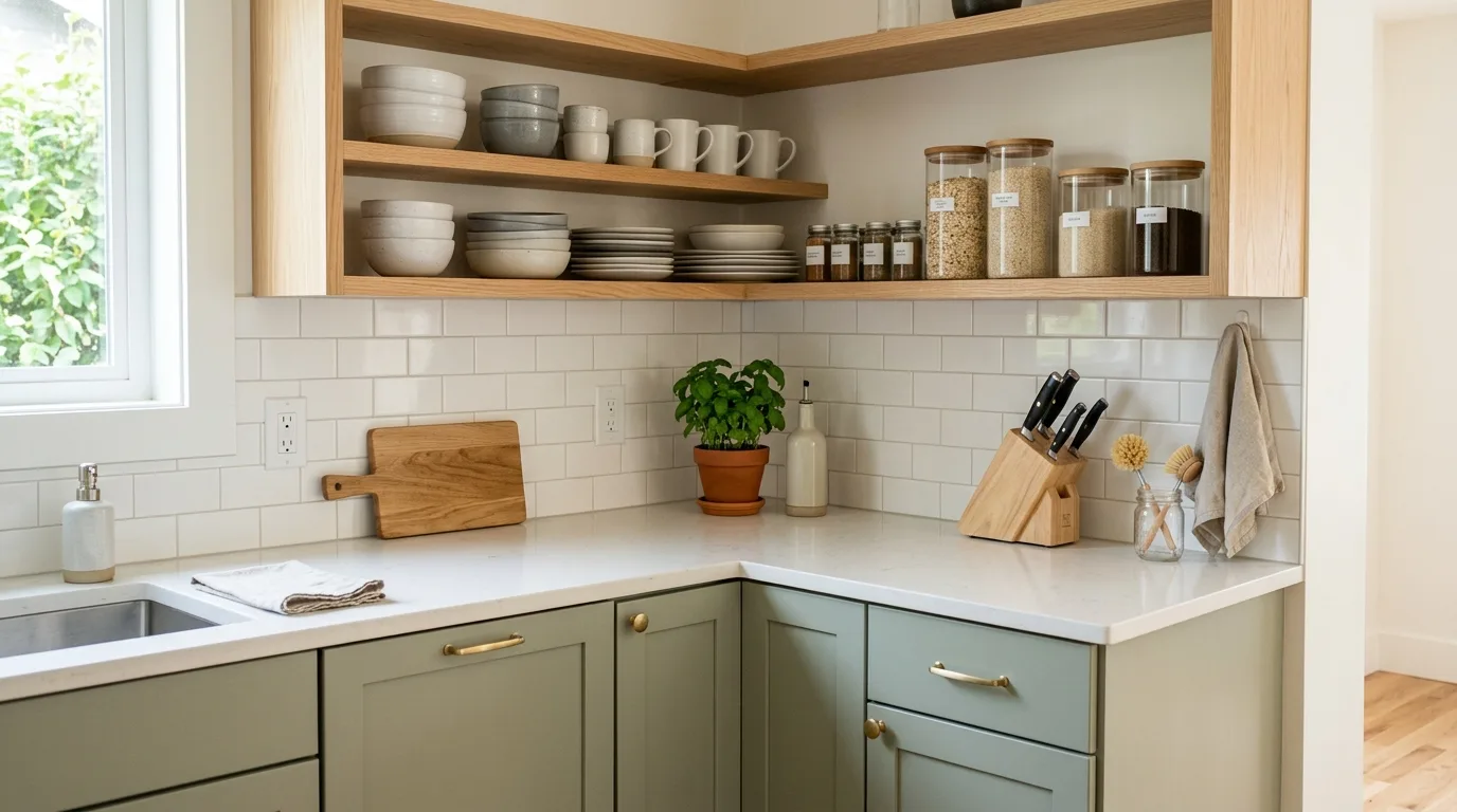 Minimal decor in tiny kitchen. Decluttered compact kitchen with a few meaningful styling pieces.