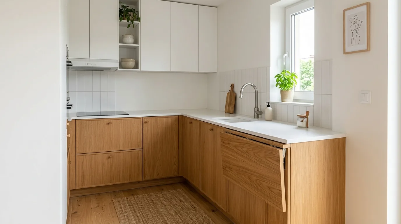 Drawer dividers in tiny kitchen. Organized compact storage helping a small kitchen feel more open.