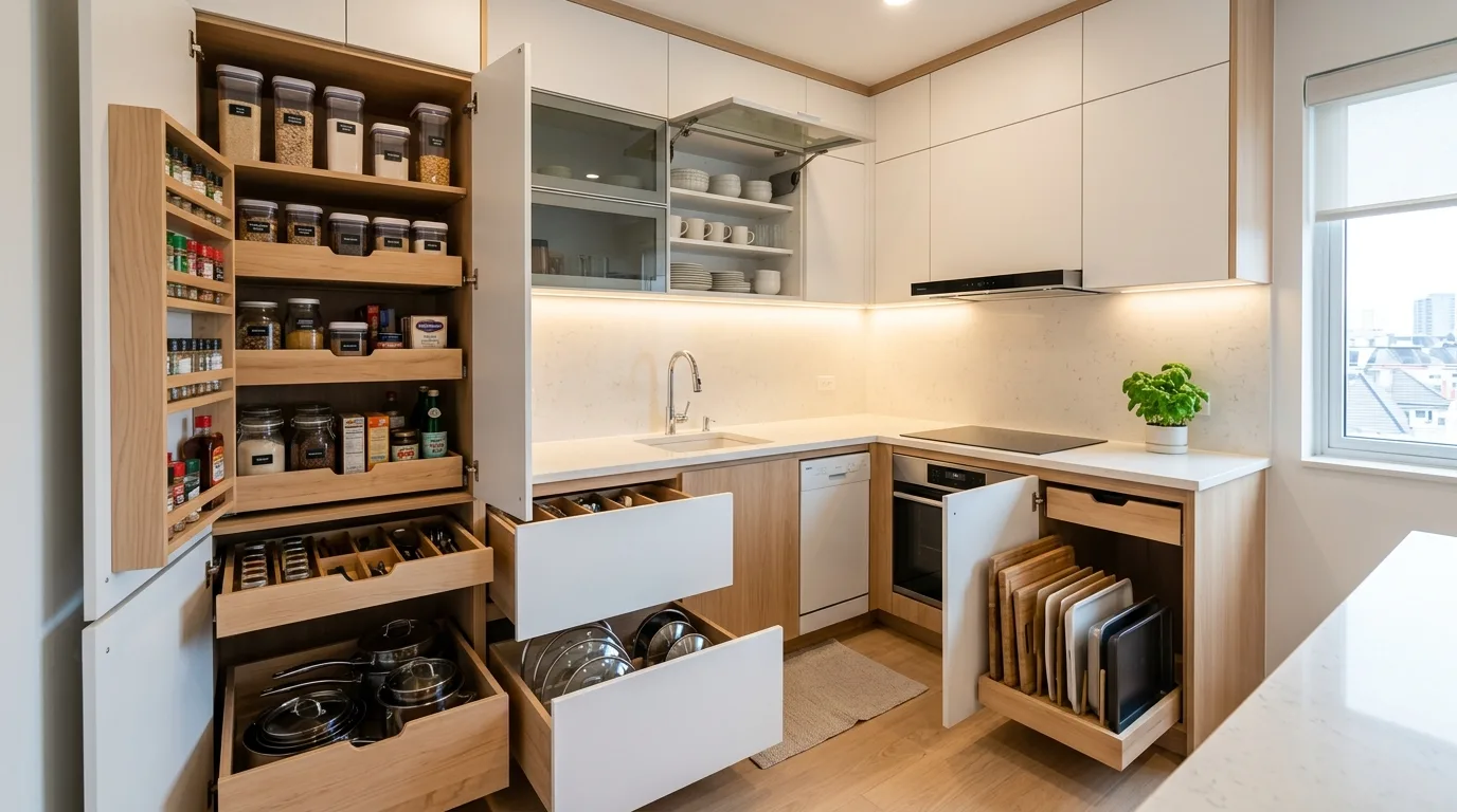 Edited pantry and fridge in tiny kitchen. Decluttering food storage for a more spacious compact room.