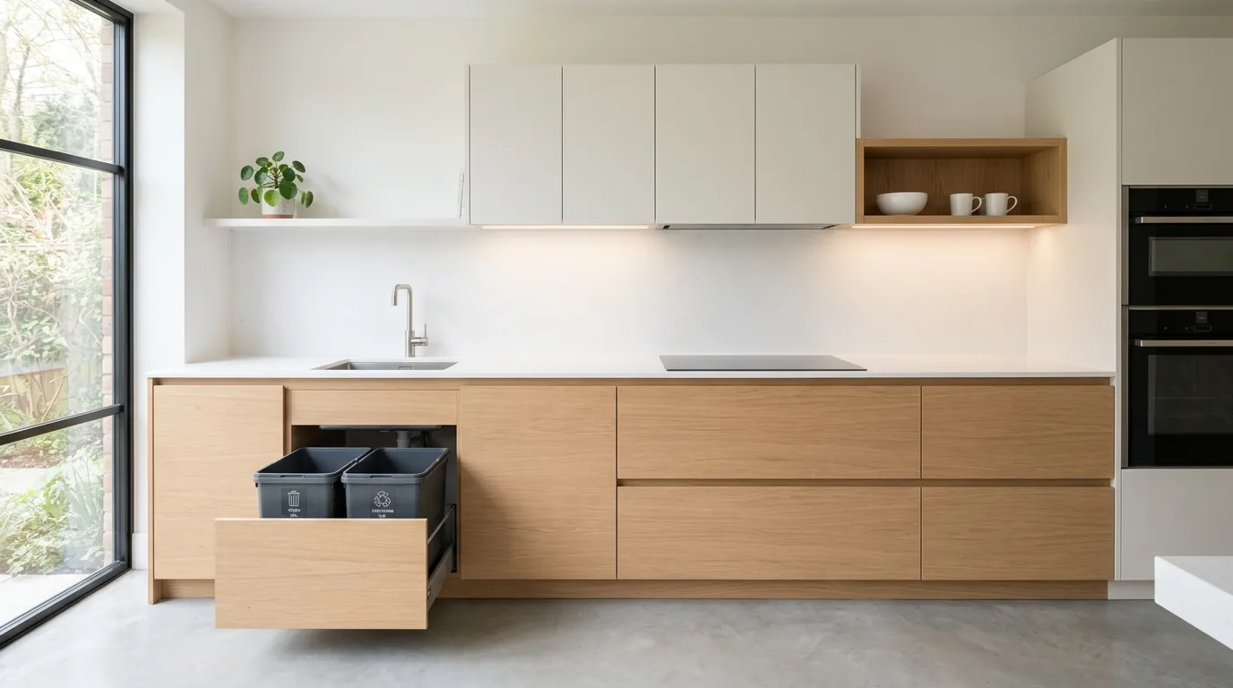 Tiny kitchen with intentional empty space. Spacious feel created through careful visual decluttering.