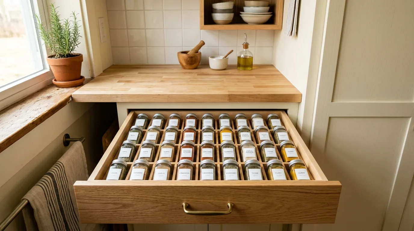 Tiny kitchen with hidden appliances. Decluttered compact cookspace with less countertop bulk.