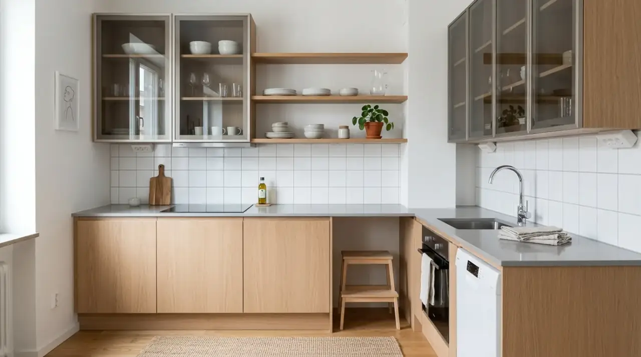 Clear counters small kitchen. Small kitchen feeling bigger through edited and open countertops.