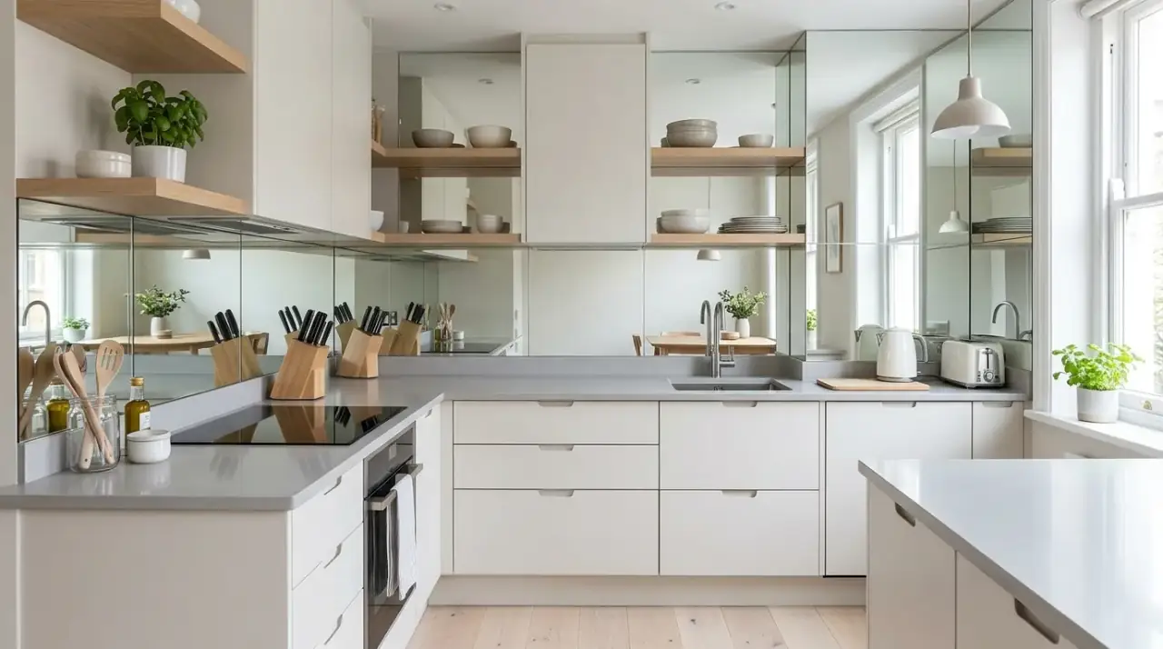 Reflective details in small kitchen. Compact kitchen made to feel bigger with subtle reflective elements.