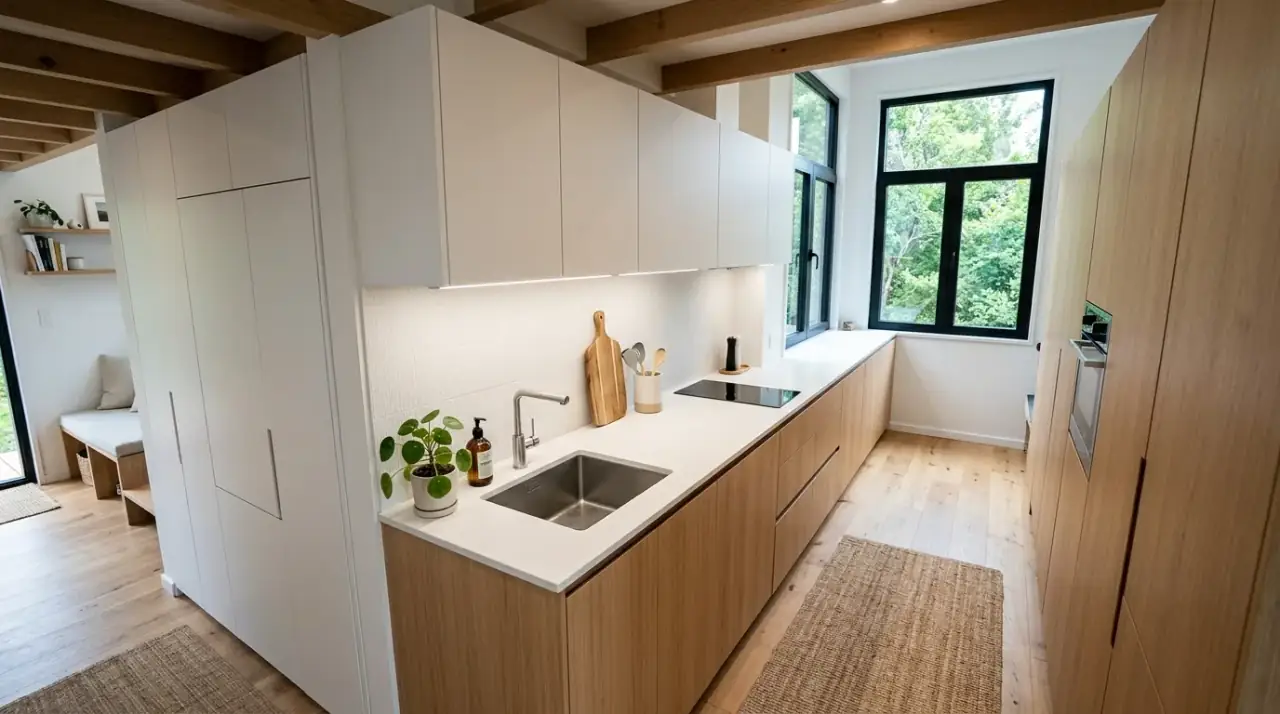 Vertical storage small kitchen. Small kitchen using vertical storage to keep the floor and counters clearer.