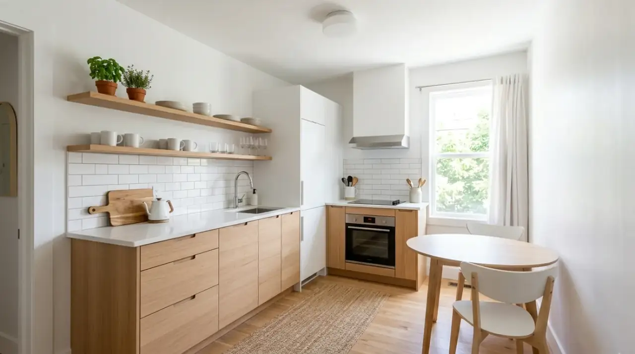 Lightweight furniture small kitchen. Compact kitchen feeling bigger with lighter furniture and stools.
