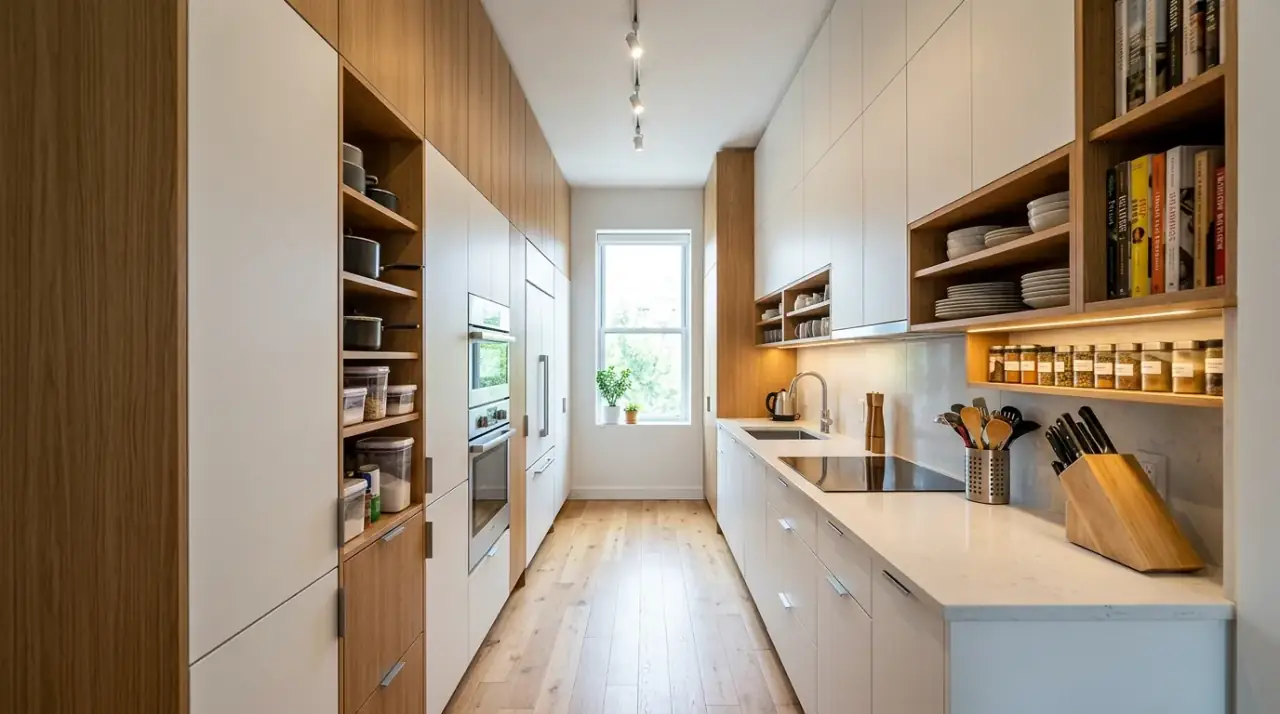 Continuous flooring small kitchen. Small kitchen made to feel bigger with continuous uninterrupted flooring.