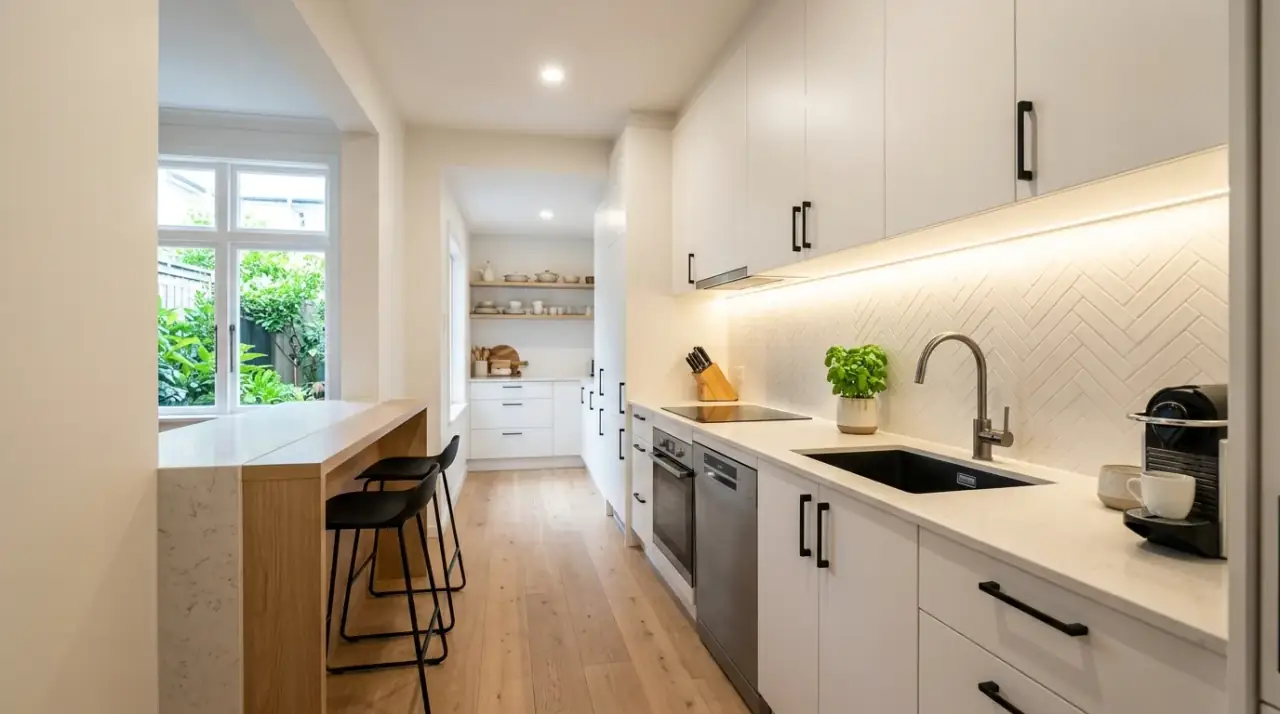 Open shelves in small kitchen. Compact kitchen feeling bigger with selective open shelving.