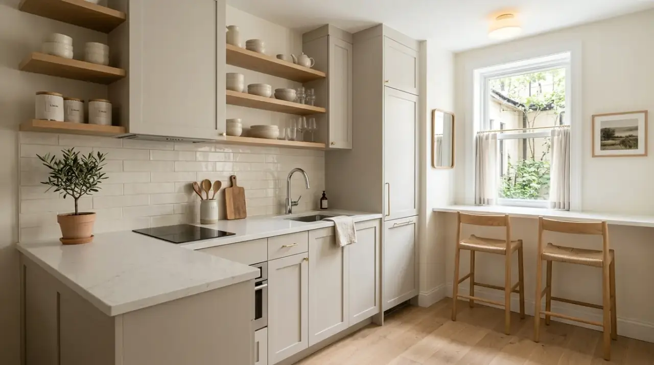 Minimal hardware small kitchen. Compact kitchen streamlined with lighter simpler cabinet hardware.