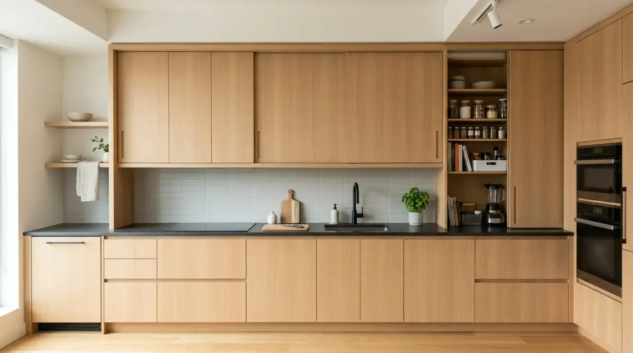 Organized storage small kitchen. Small kitchen feeling bigger thanks to tidy organized internal storage.