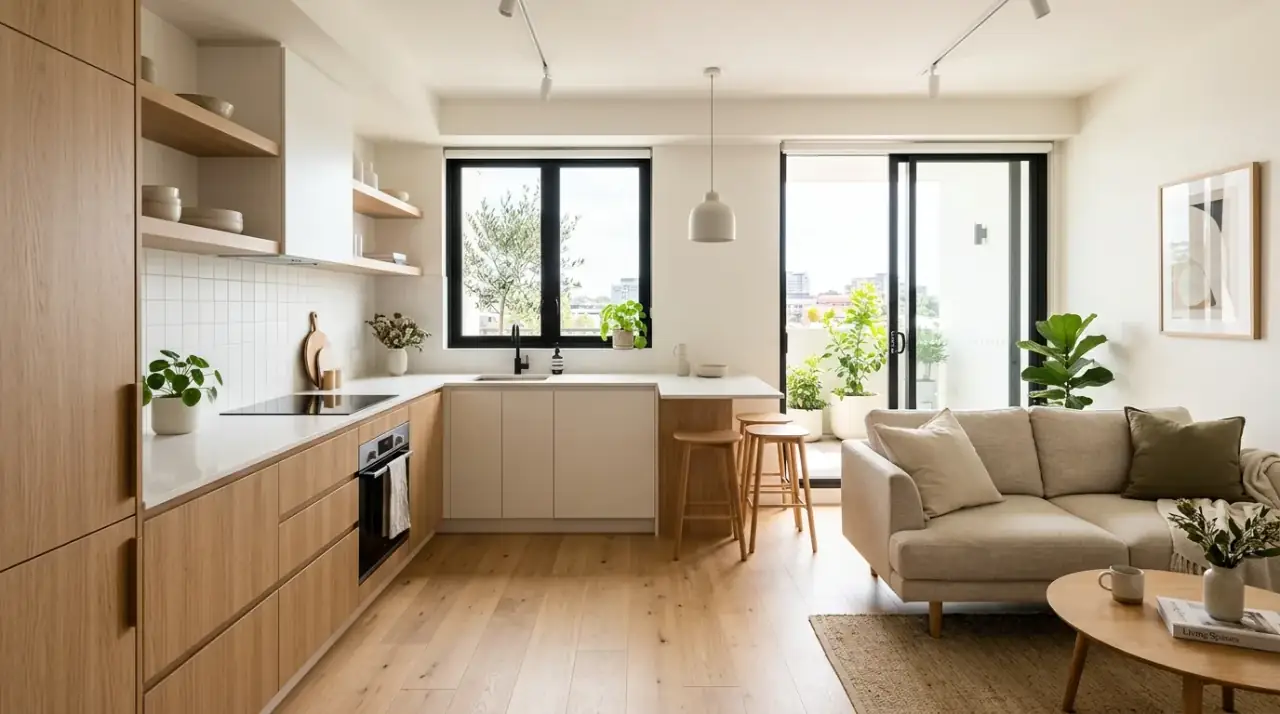 Focused decor small kitchen. Small kitchen made to feel bigger with fewer stronger focal points.