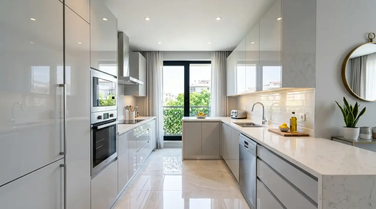 Gloss in small kitchen. Compact kitchen using selective gloss and reflection to feel bigger.