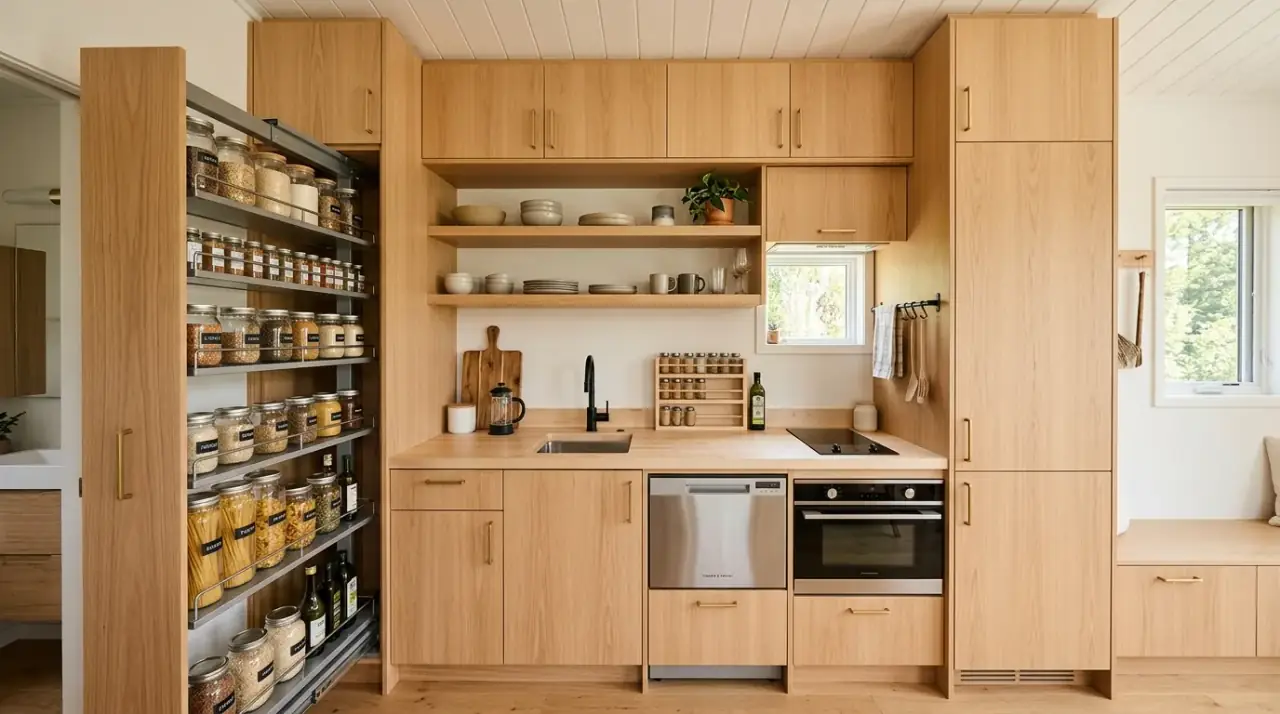 Small appliances tiny kitchen. Compact appliance choices preserving function in a tiny home kitchen.