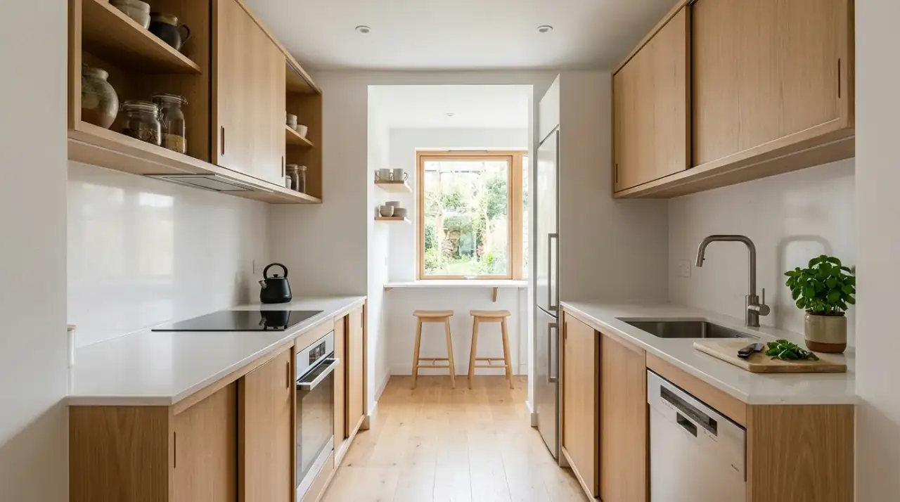 Fold-down counter tiny kitchen. Temporary work surface making a very small kitchen more functional.