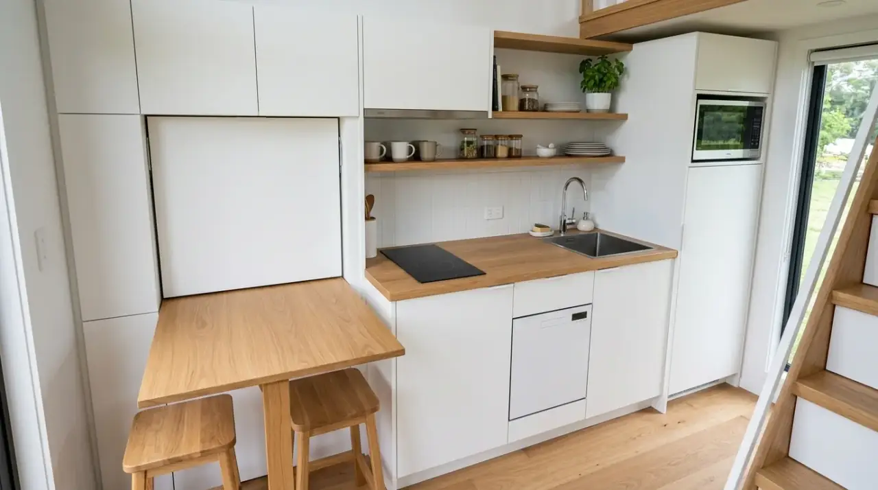Drawer storage tiny kitchen. Accessible lower storage improving organization in a very small kitchen.