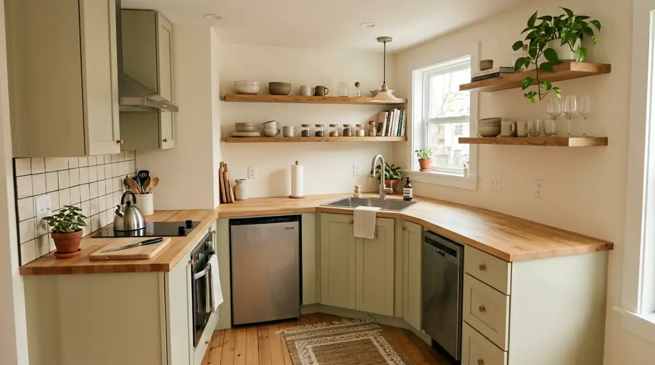 Light palette tiny kitchen. Warm pale finishes opening up a very small kitchen visually.