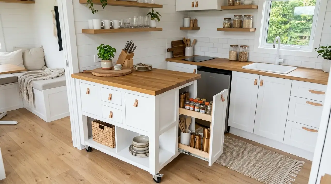 One-wall tiny kitchen. Compact one-wall layout arranged for better cooking flow.