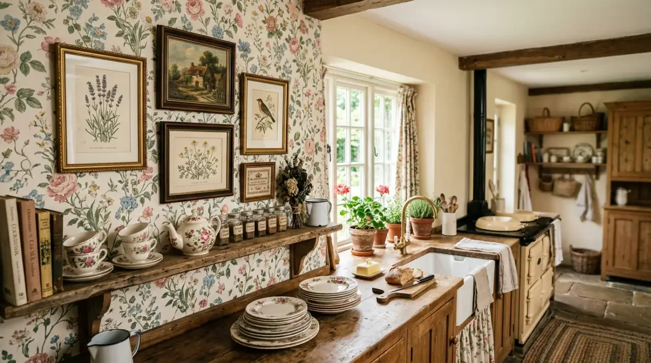 Minimal decor tiny kitchen. Carefully edited decor keeping a tiny kitchen warm but uncluttered.