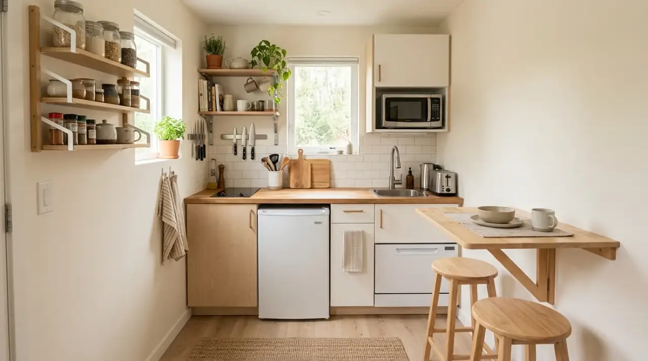 Prep zone tiny kitchen. Protected counter workspace improving a very small kitchen's function.