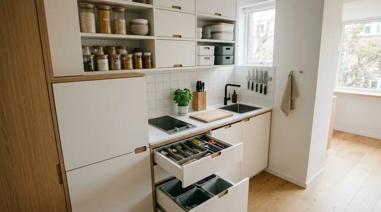 Tiny kitchen overview. Very small kitchen design balancing efficiency, warmth, and real cooking function.