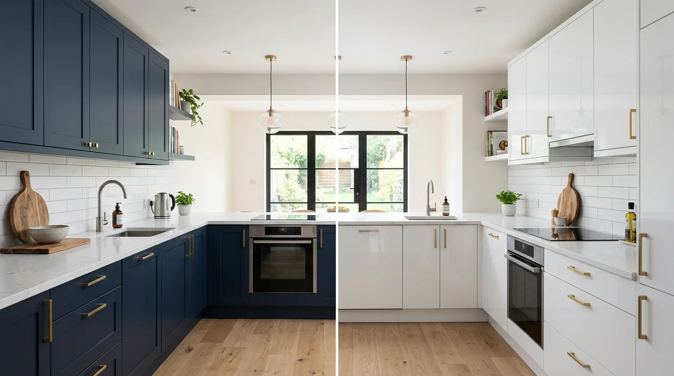 Comparison of matte and glossy kitchen finishes in a sleek modern kitchen setting.