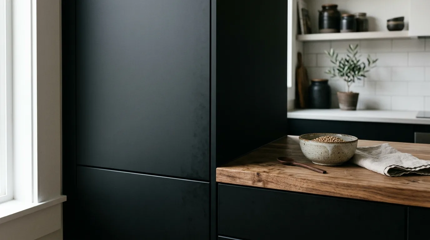 Glossy kitchen cabinets reflecting light. Bright modern surface finish with strong reflective quality.
