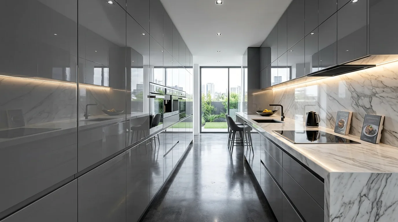 Matte kitchen finish with wood accents. Warm natural pairing and low-sheen modern styling.