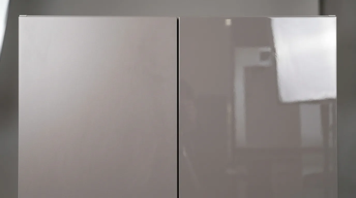 White gloss kitchen cabinetry. Bright reflective modern finish with crisp contemporary style.