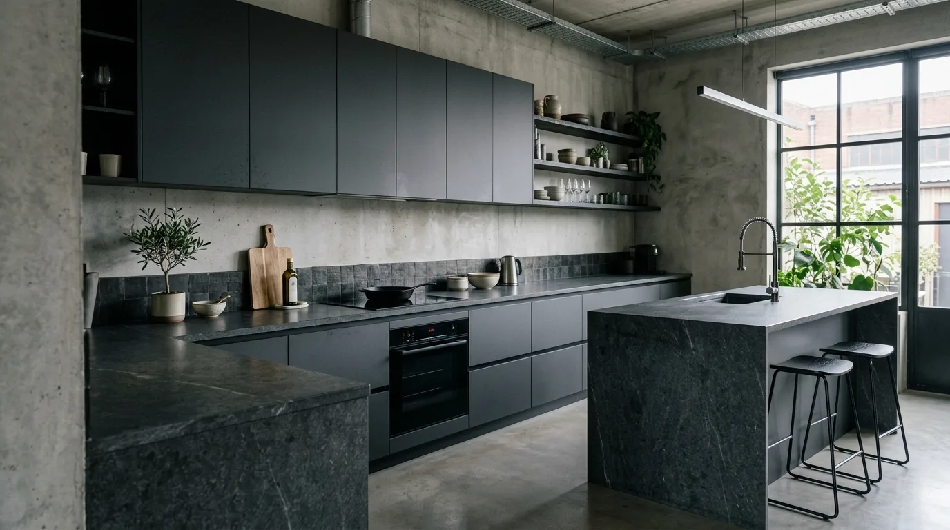 Kitchen with mixed matte and glossy finishes. Layered modern contrast using both low-sheen and reflective surfaces.