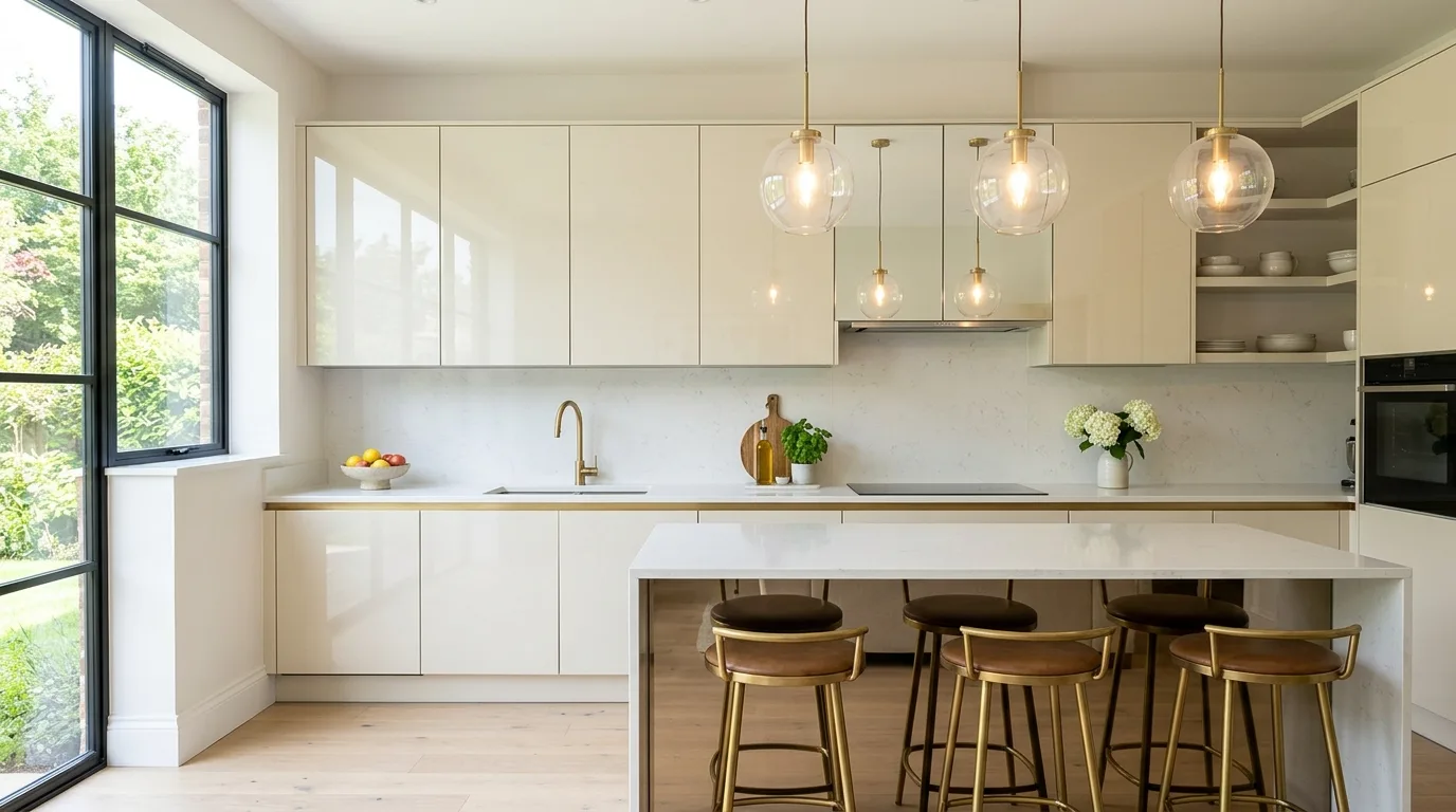 Kitchen lighting comparison on matte and gloss finishes. Surface sheen affected by daylight and artificial lighting.