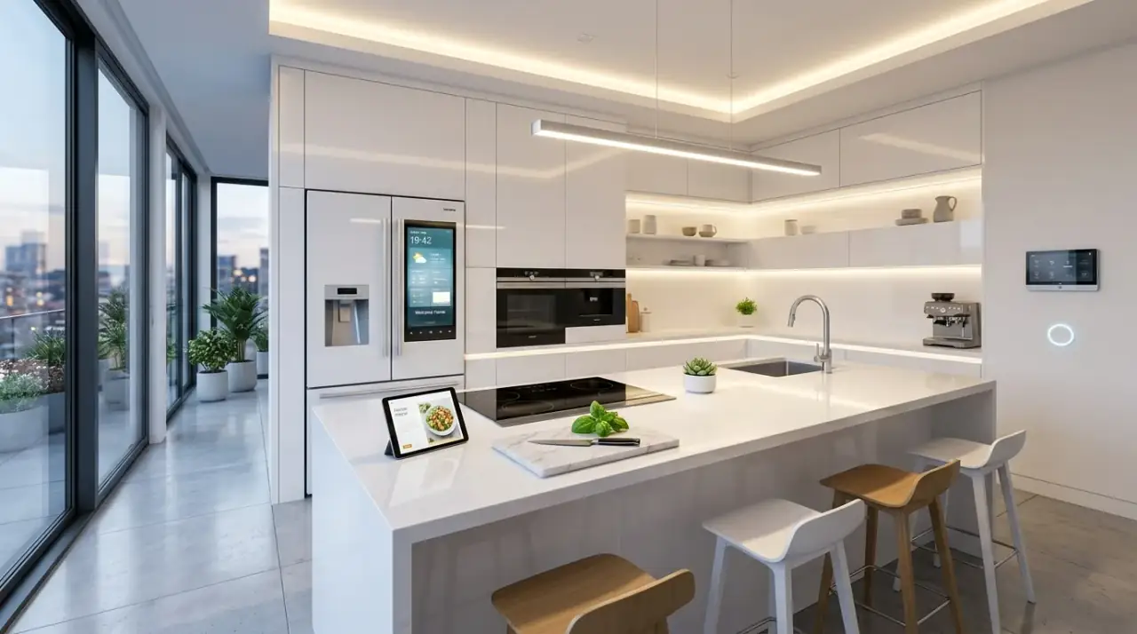 High-tech smart kitchen designed for modern living with innovative integrated features.