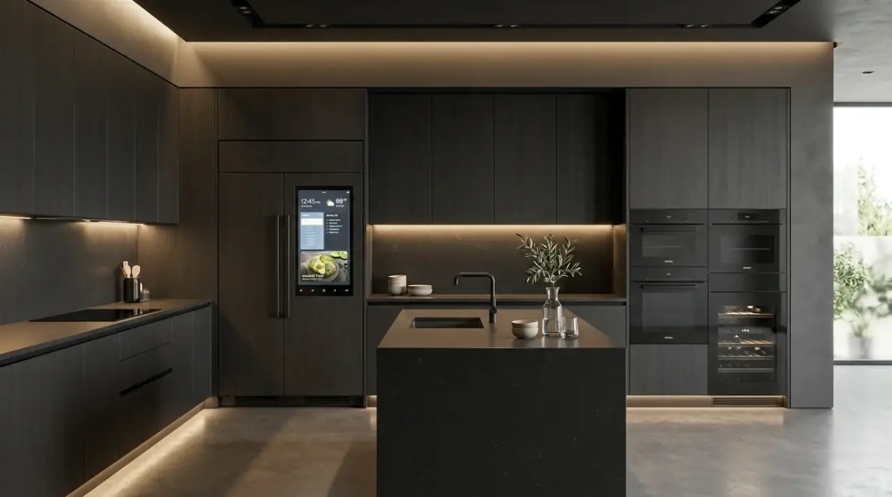 Charging drawer in smart kitchen. Integrated device storage helping a modern kitchen stay tidy and connected.