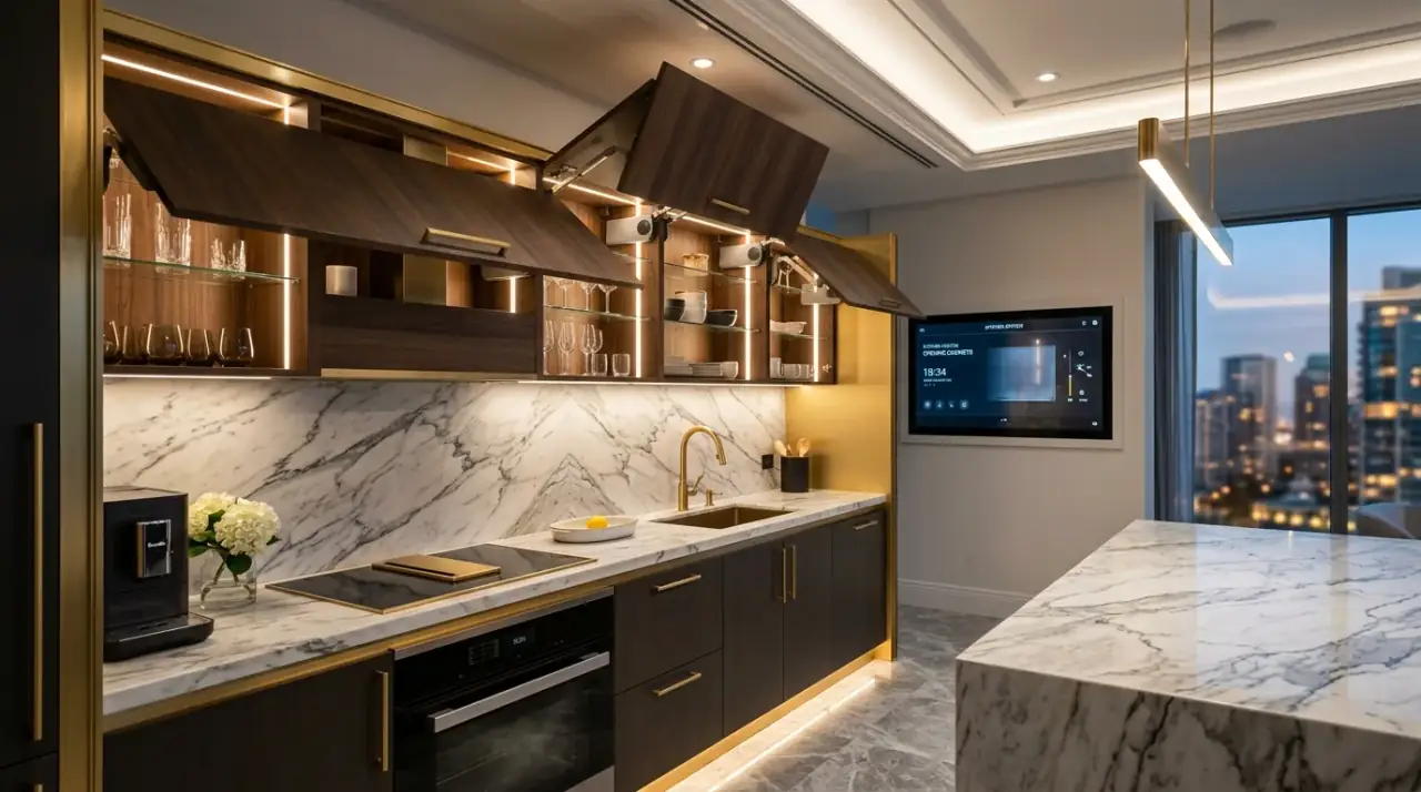 Smart zoned lighting kitchen. App-controlled lighting helping a modern kitchen adapt to different uses.
