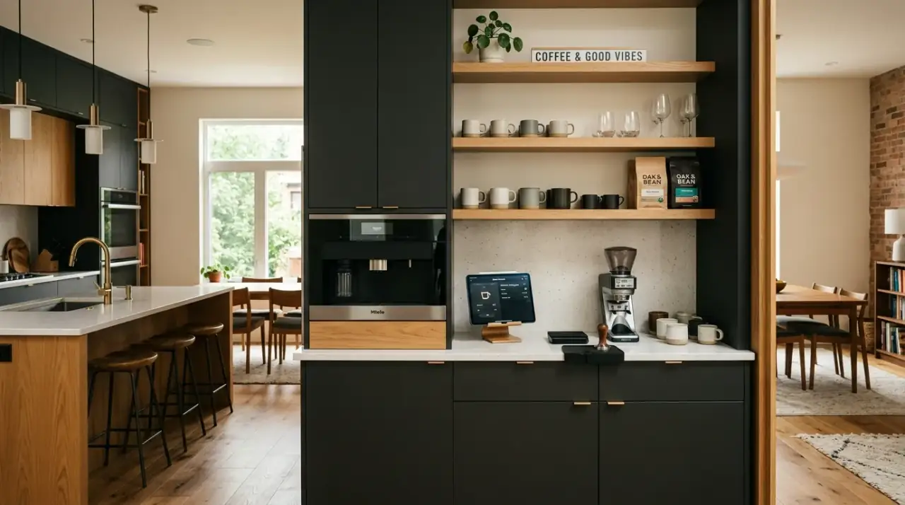 Hidden appliances in smart kitchen. Integrated technology keeping a high-tech kitchen visually calm.