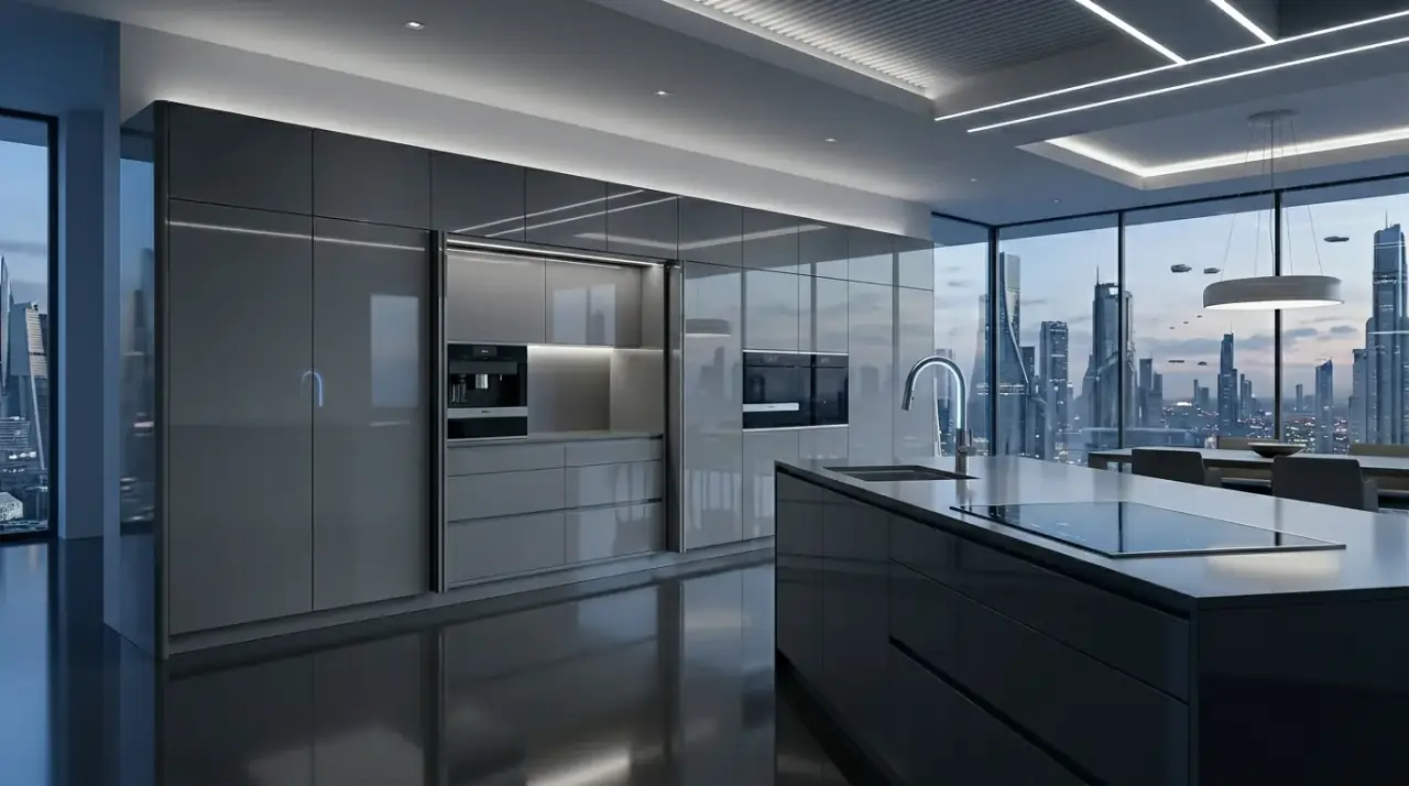 Induction cooktop smart kitchen. Sleek cooking technology supporting a cleaner modern kitchen layout.