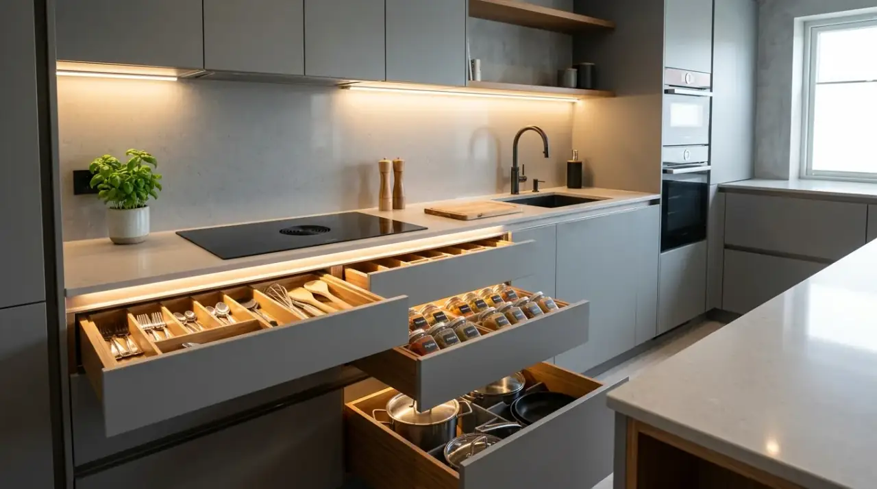 Sensor cabinet lighting kitchen. Automatic interior lighting improving smart storage and modern kitchen ease.