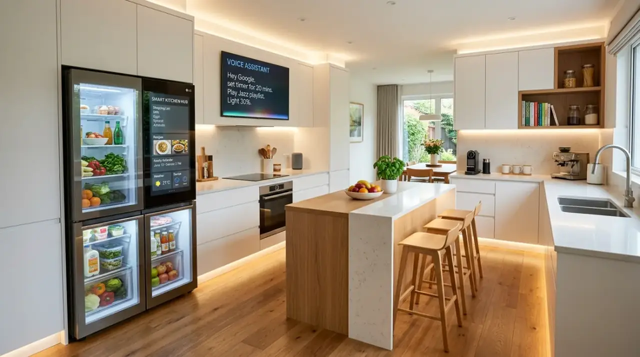 Warm materials in smart kitchen. Natural finishes softening a high-tech modern kitchen environment.