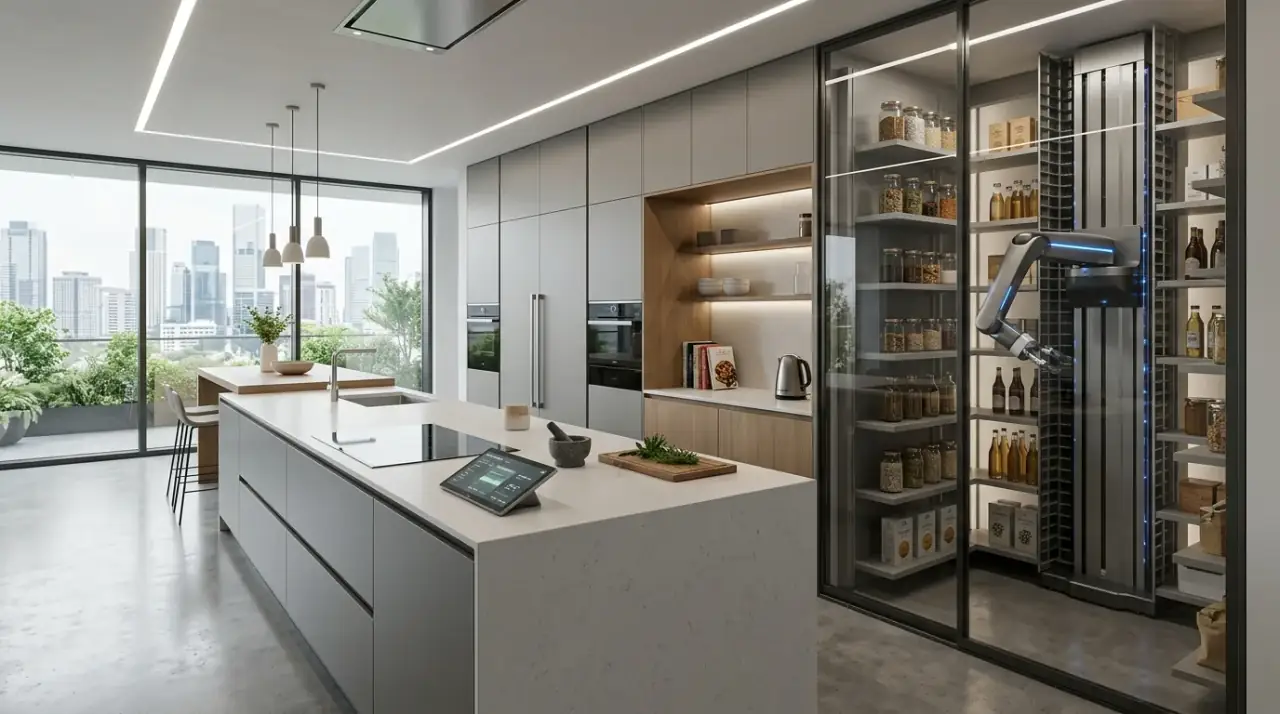 Human-centered smart kitchen. Modern living kitchen where technology supports warmth and real daily use.