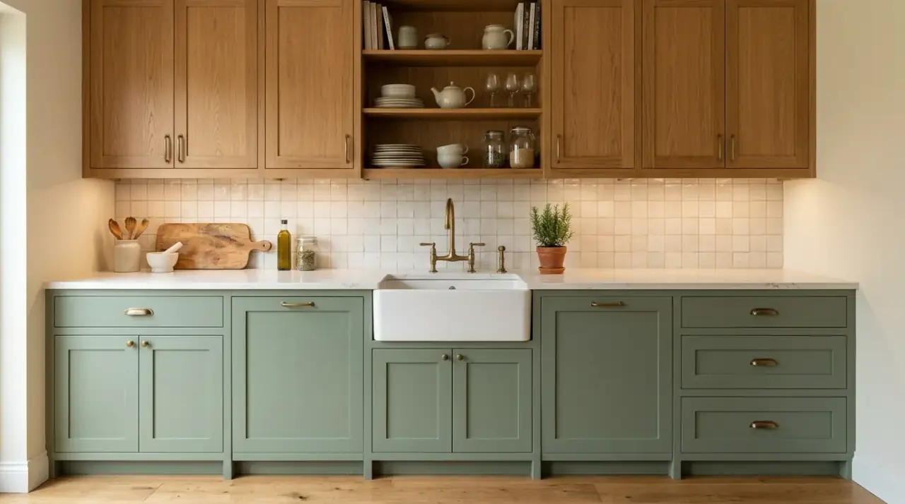 Greige and white cabinets. Soft neutral cabinet mix creating a custom and serene kitchen palette.