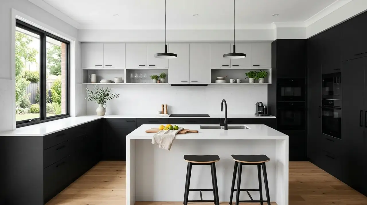 Navy island light cabinets. Stronger central cabinet color adding definition to a bright kitchen.