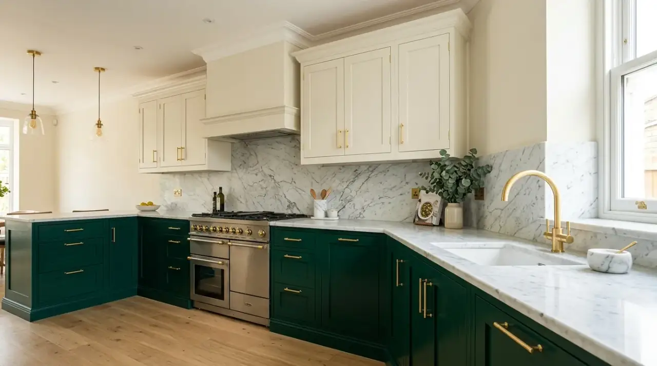 Black and oak kitchen cabinets. Bold dark cabinetry balanced by warm natural wood tones.